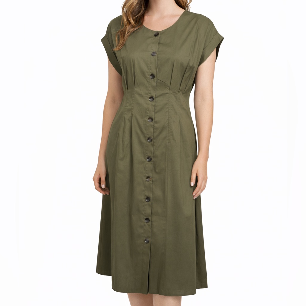 Nwt Calvin Klein Size 4 Khaki Button-Front Midi Pleated Dress